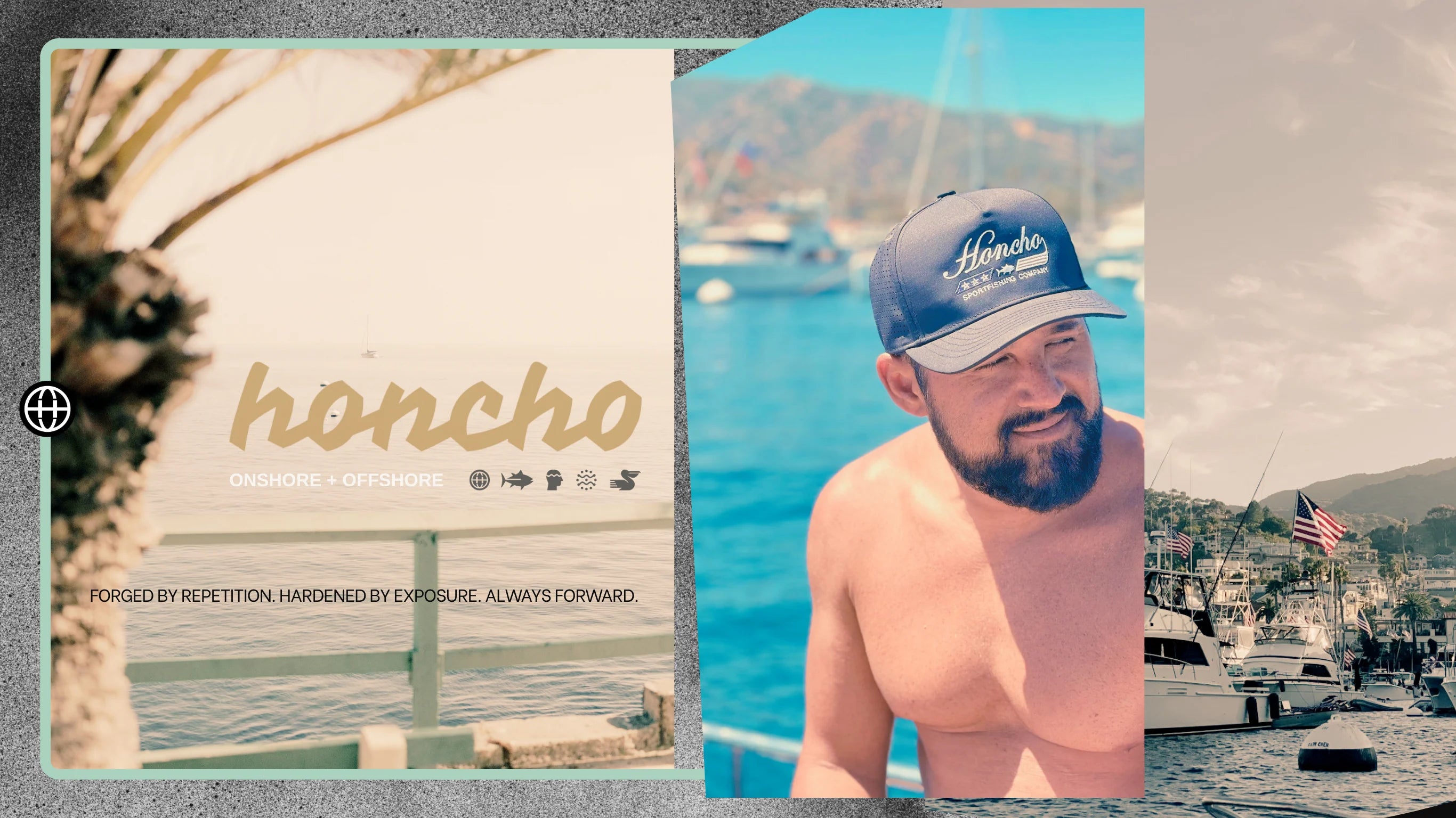 Man in Honcho Sportfishing hat at Catalina harbor